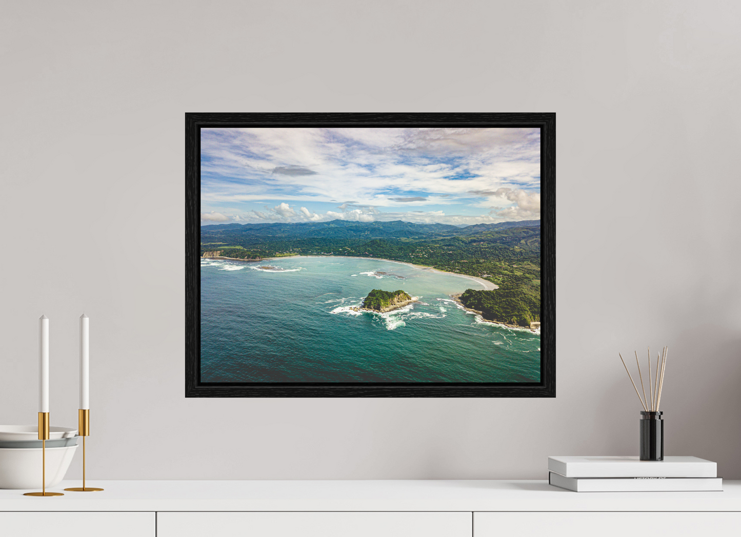 Tidal Whispers of Isla Chora - Aerial Samara Bay Wall Art Print | Blue Sea & Green Hills