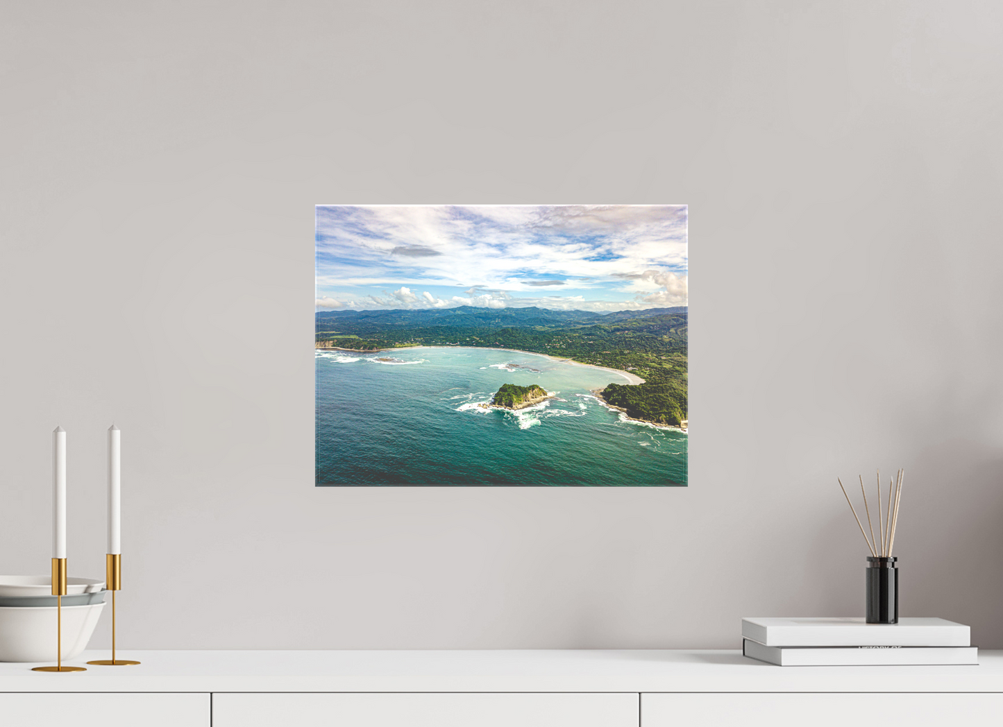 Tidal Whispers of Isla Chora - Aerial Samara Bay Wall Art Print | Blue Sea & Green Hills