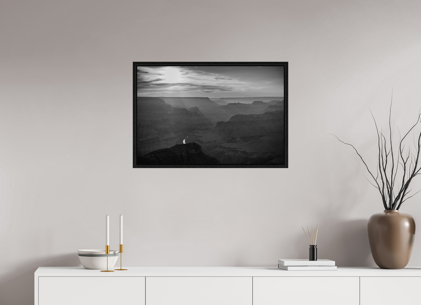 Lightfall - Black and White Grand Canyon Landscape Print | Sunbeams, Canyon Layers & Colorado River