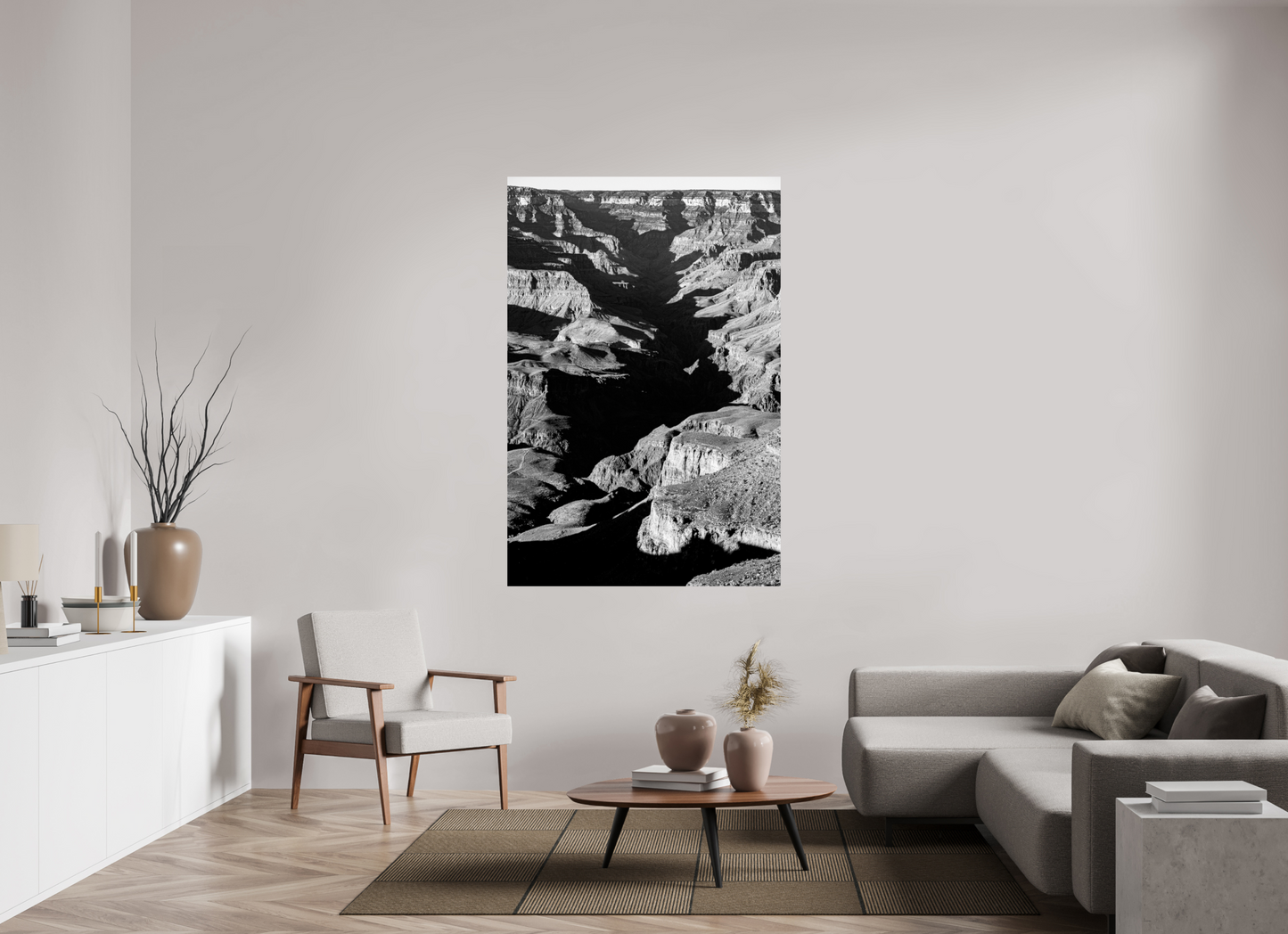 Vein of Shadow – Black and White Grand Canyon Vertical Print | High Contrast Canyon Light