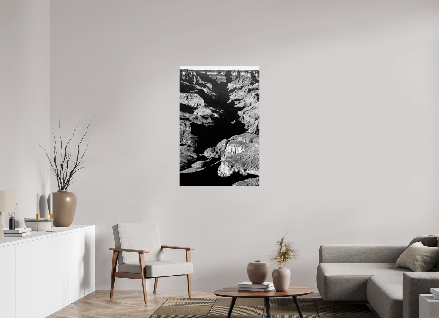 Vein of Shadow – Black and White Grand Canyon Vertical Print | High Contrast Canyon Light