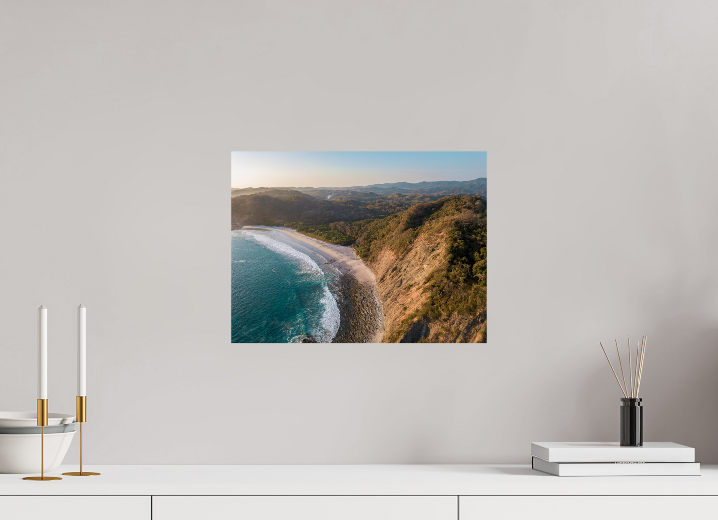 Pale Gold Barrigona Aerial Sunset Print | White Sand Beach & Blue Sea on the Nicoya Peninsula