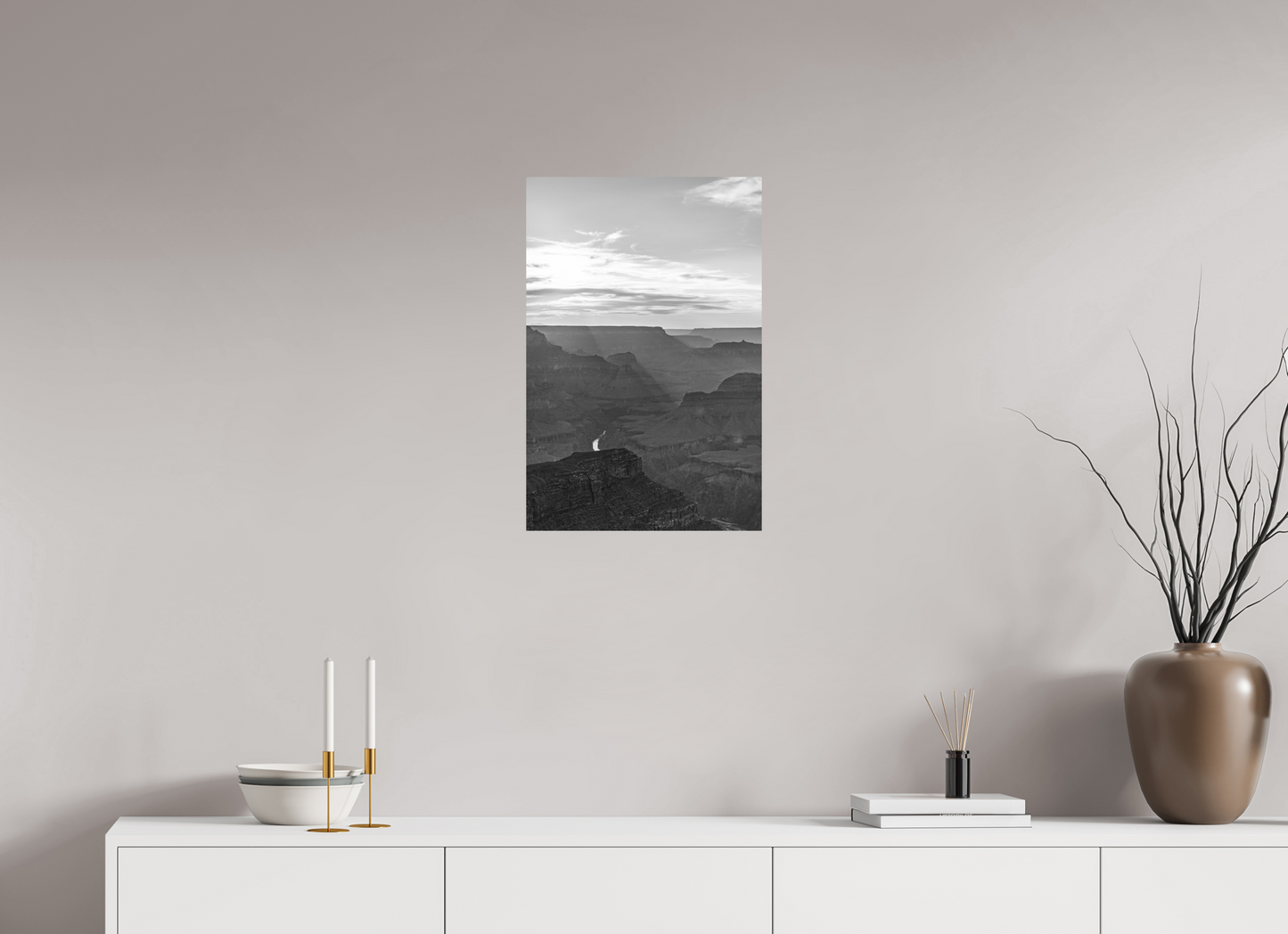 Riverlight - Black and White Grand Canyon Vertical Print | Sunbeams, Canyon Detail & Reflective River