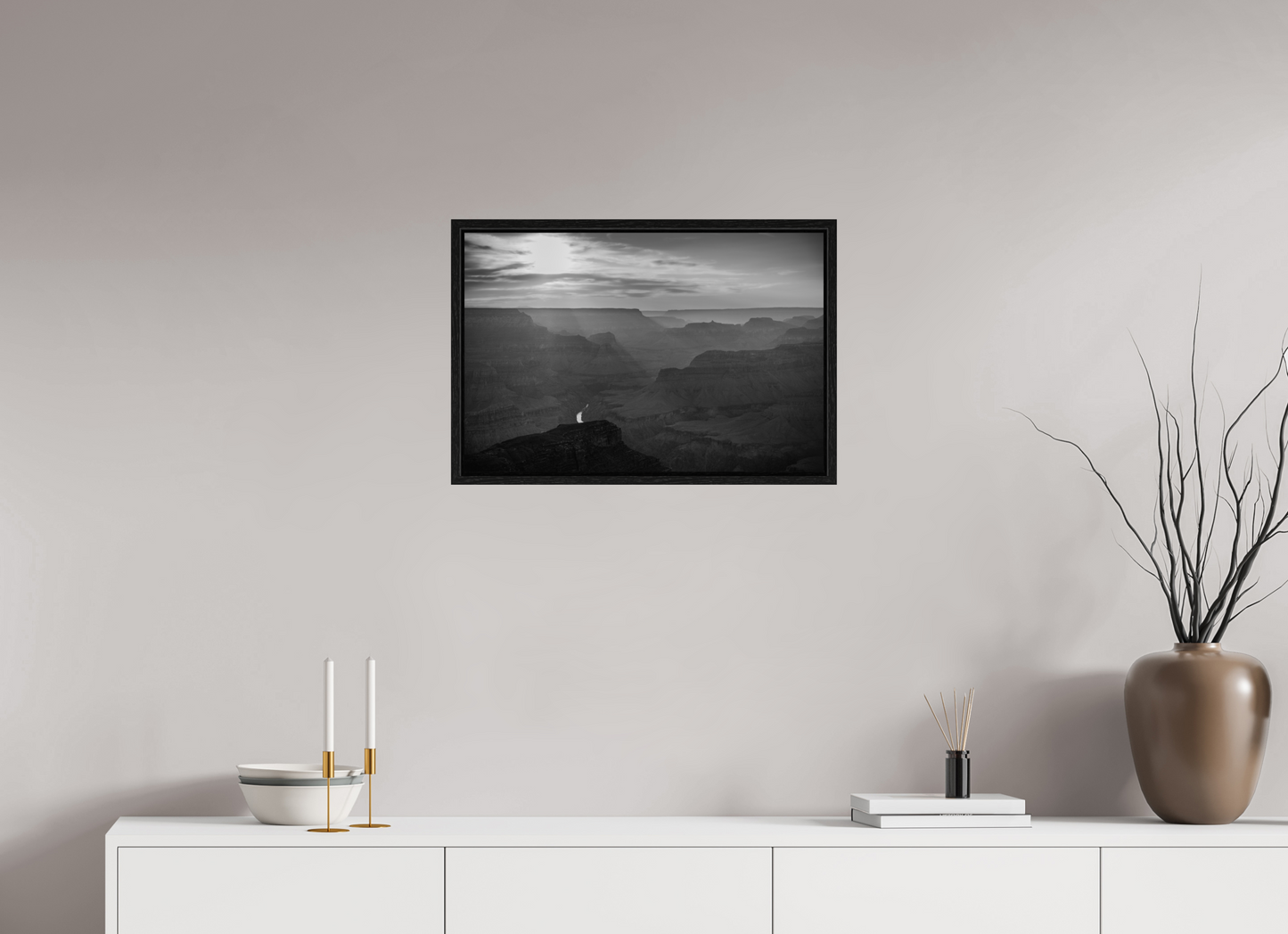 Lightfall - Black and White Grand Canyon Landscape Print | Sunbeams, Canyon Layers & Colorado River