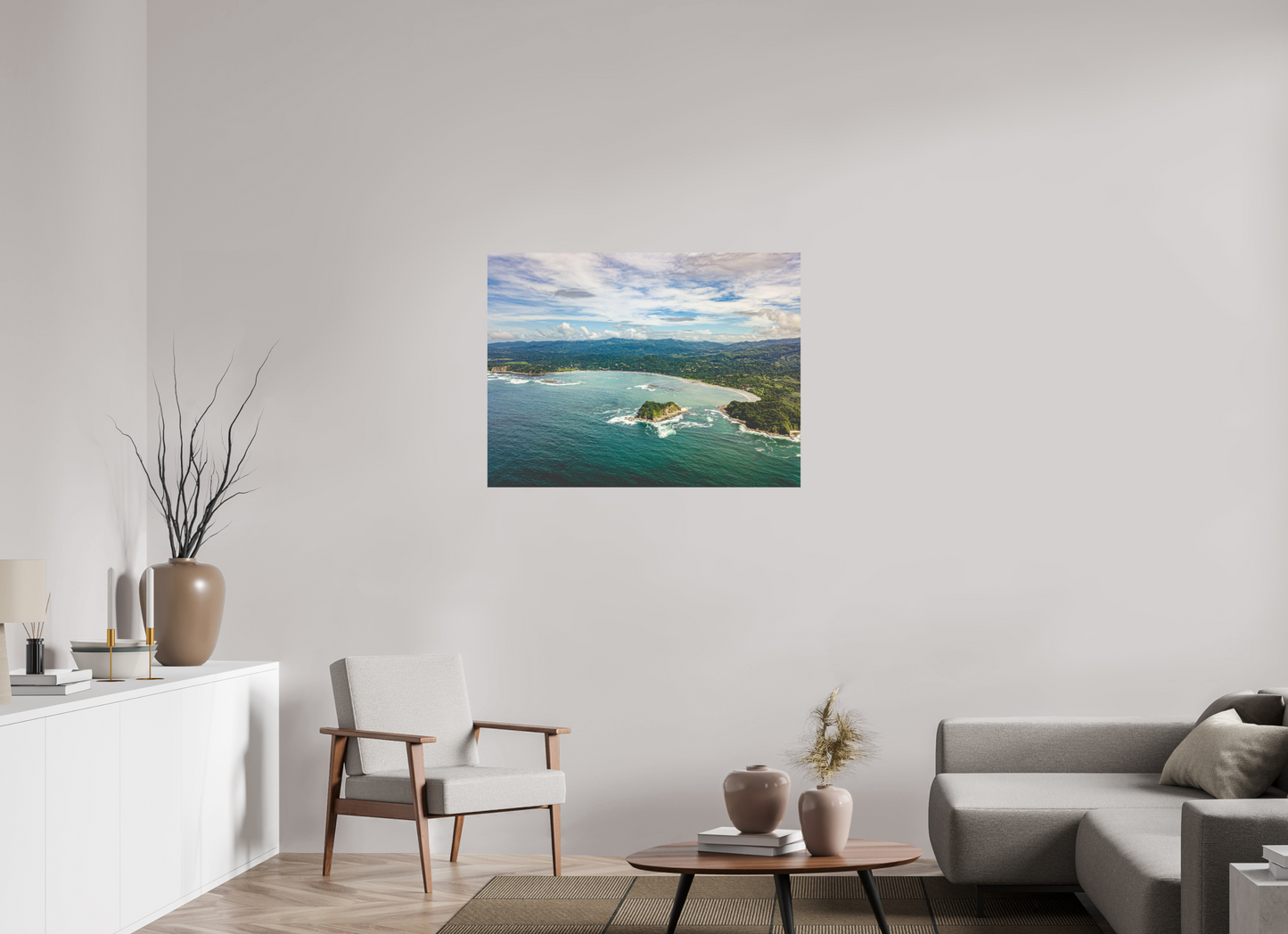 Tidal Whispers of Isla Chora - Aerial Samara Bay Wall Art Print | Blue Sea & Green Hills
