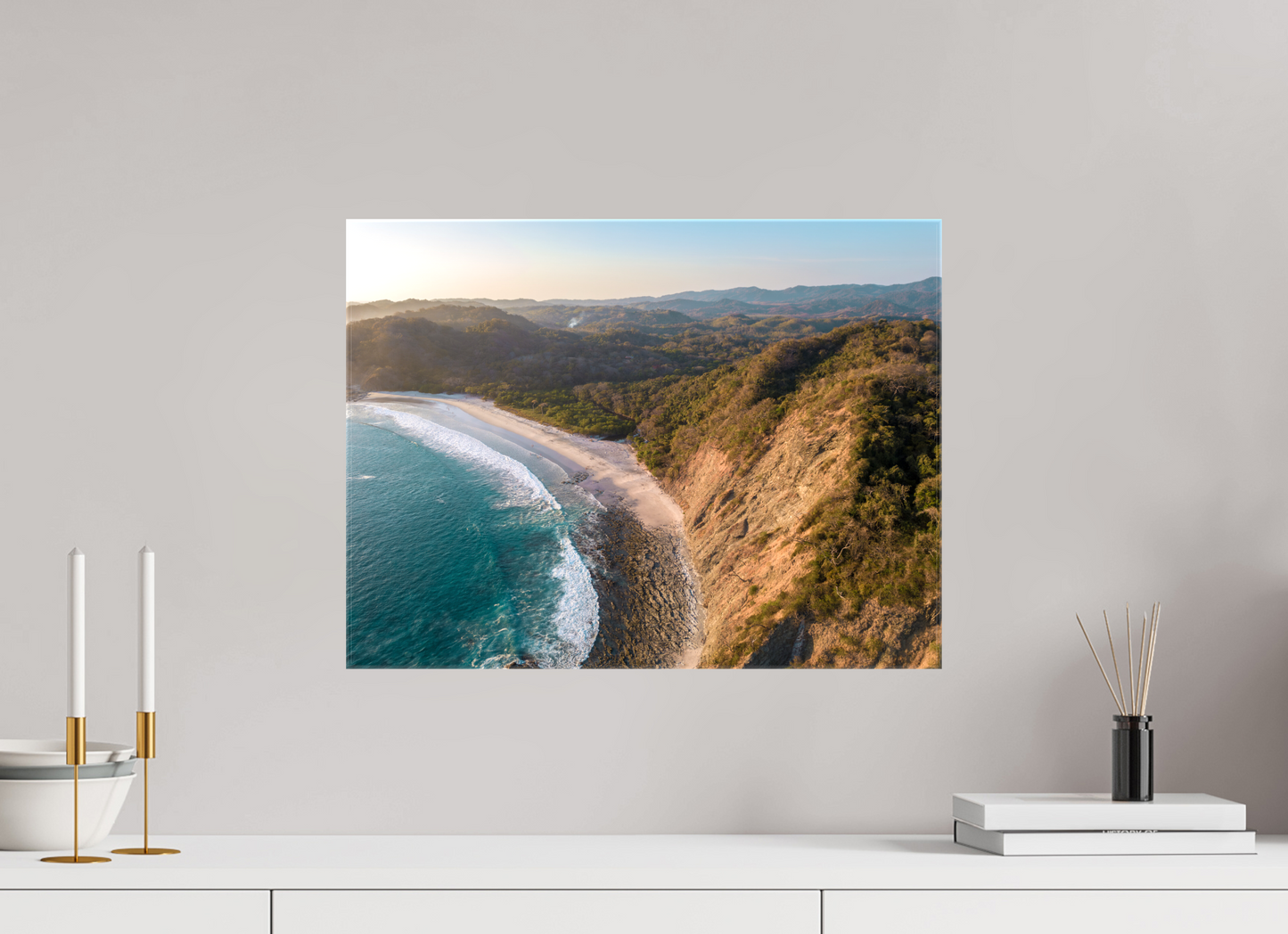 Pale Gold Barrigona Aerial Sunset Print | White Sand Beach & Blue Sea on the Nicoya Peninsula