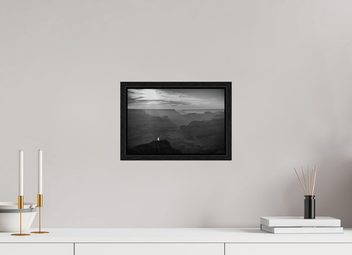 Lightfall - Black and White Grand Canyon Landscape Print | Sunbeams, Canyon Layers & Colorado River