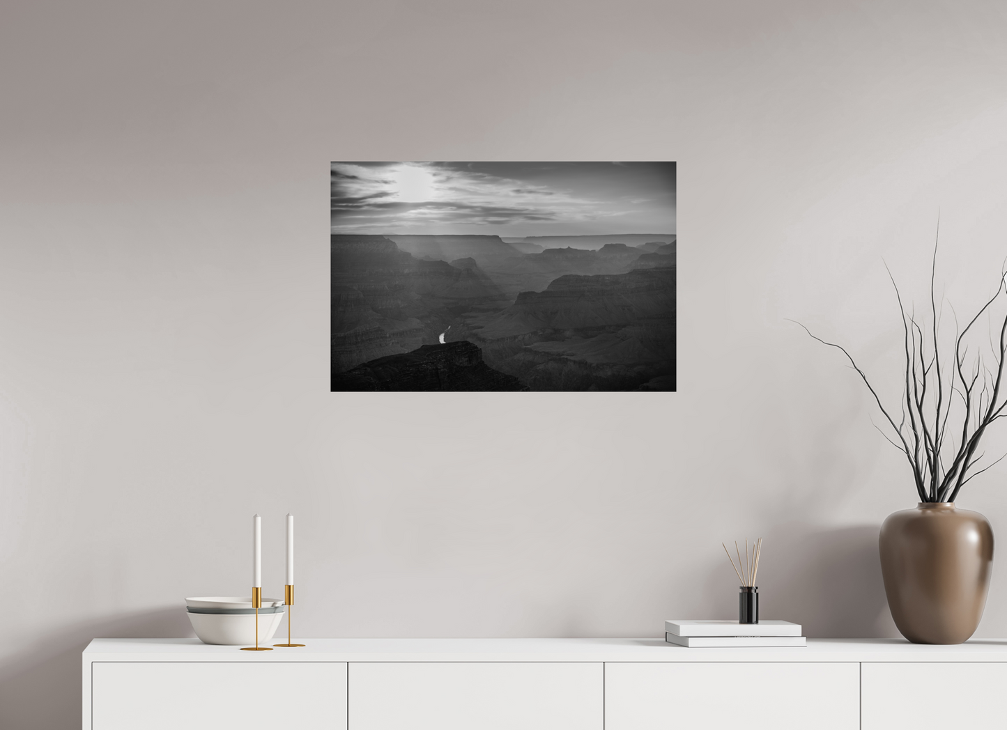 Lightfall - Black and White Grand Canyon Landscape Print | Sunbeams, Canyon Layers & Colorado River