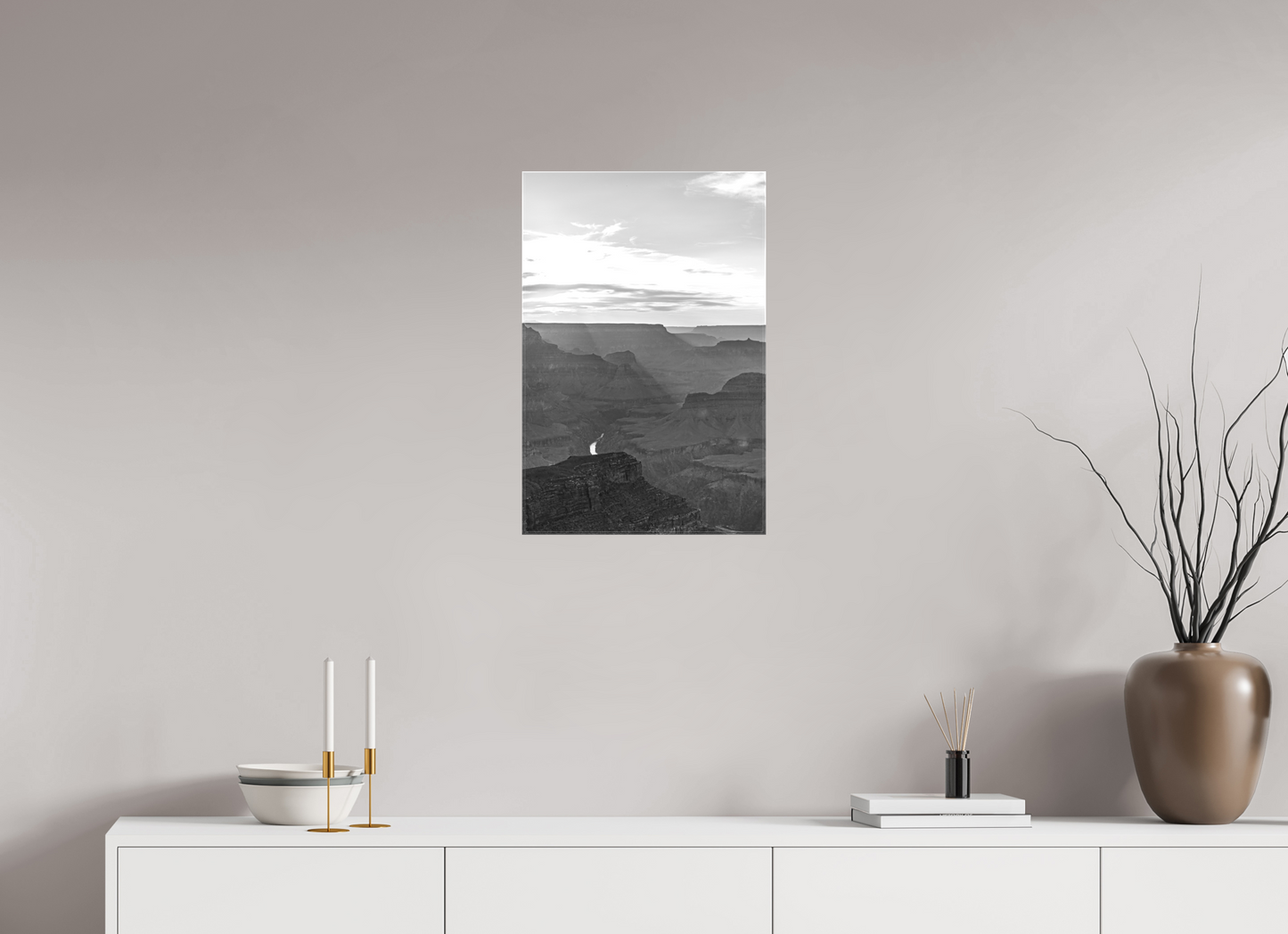Riverlight - Black and White Grand Canyon Vertical Print | Sunbeams, Canyon Detail & Reflective River
