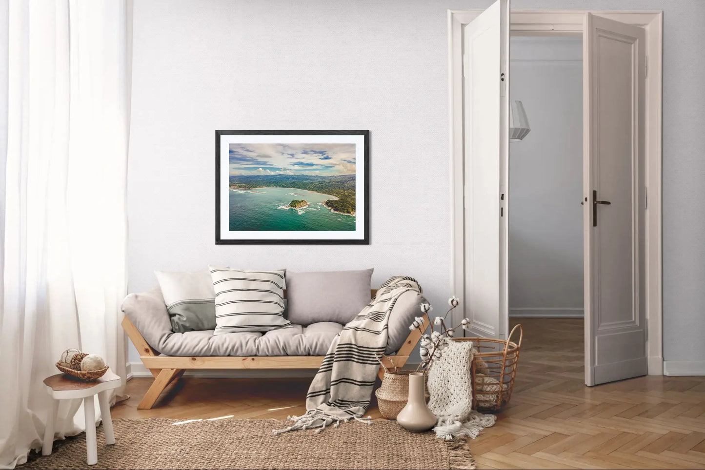 Tidal Whispers of Isla Chora - Aerial Samara Bay Wall Art Print | Blue Sea & Green Hills