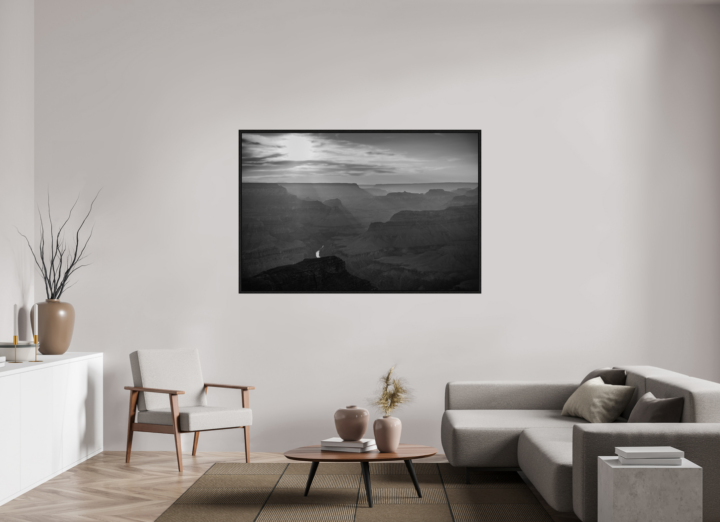 Lightfall - Black and White Grand Canyon Landscape Print | Sunbeams, Canyon Layers & Colorado River