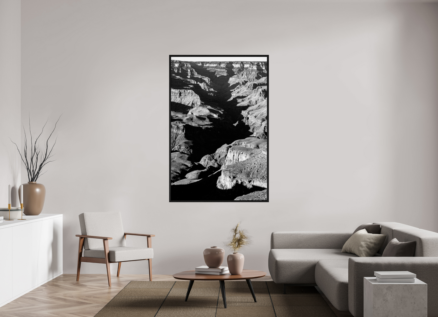 Vein of Shadow – Black and White Grand Canyon Vertical Print | High Contrast Canyon Light