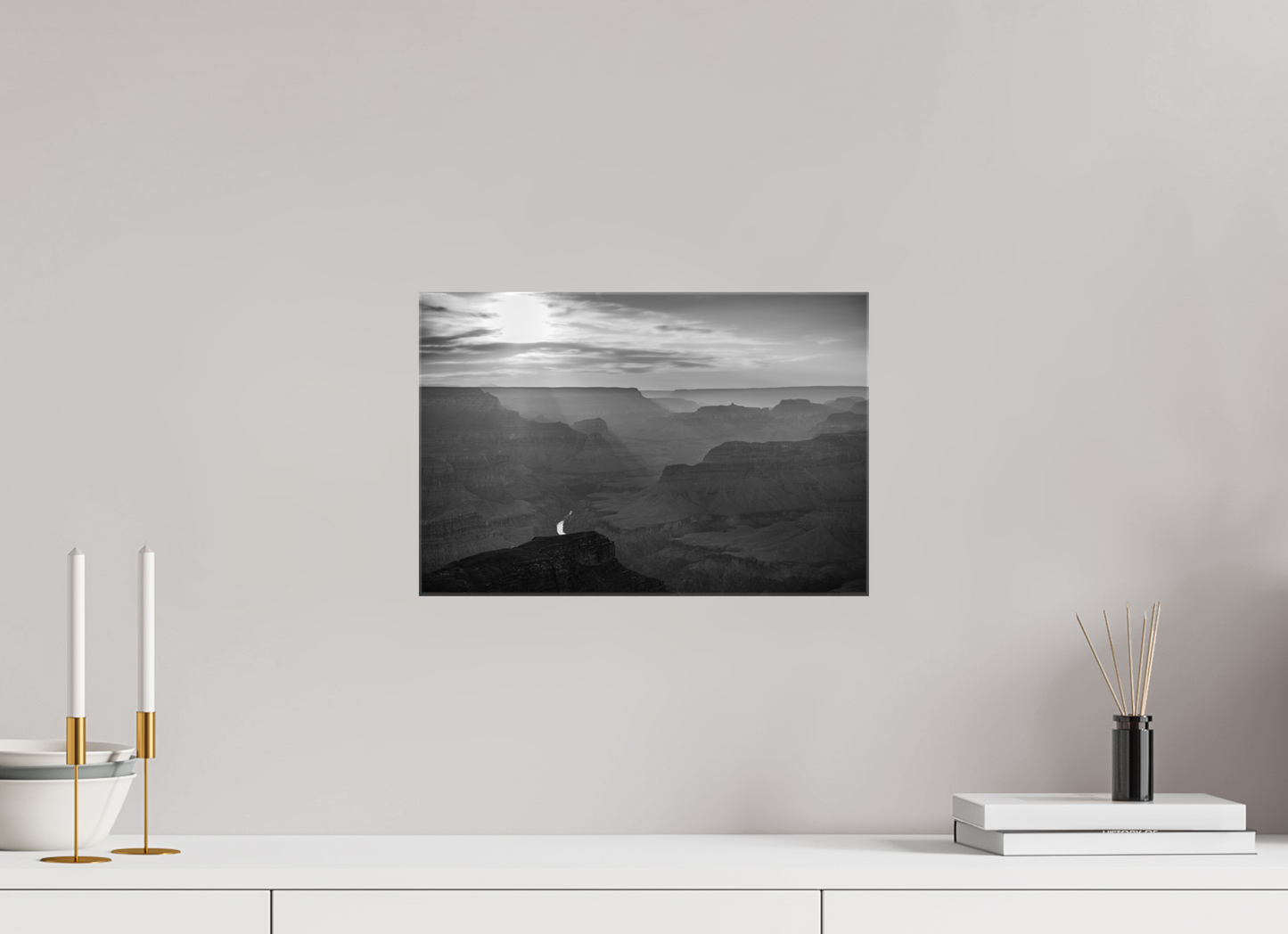 Lightfall - Black and White Grand Canyon Landscape Print | Sunbeams, Canyon Layers & Colorado River