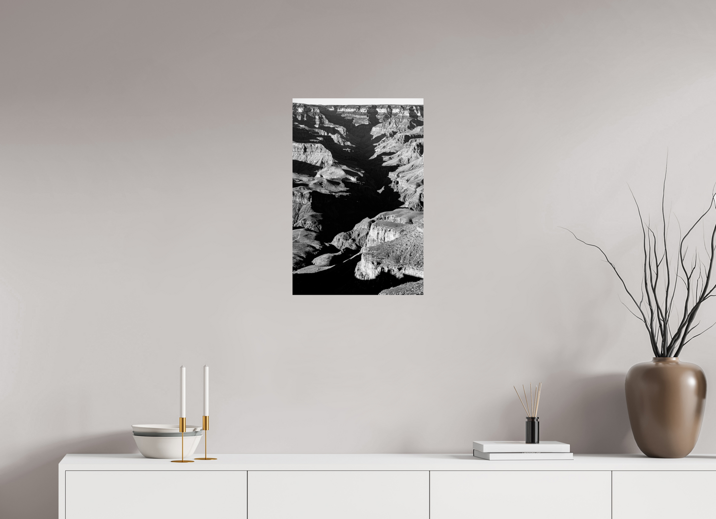 Vein of Shadow – Black and White Grand Canyon Vertical Print | High Contrast Canyon Light