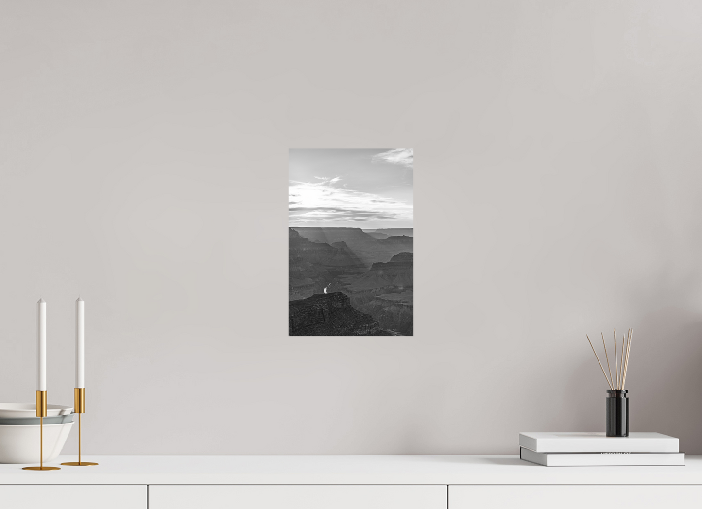 Riverlight - Black and White Grand Canyon Vertical Print | Sunbeams, Canyon Detail & Reflective River
