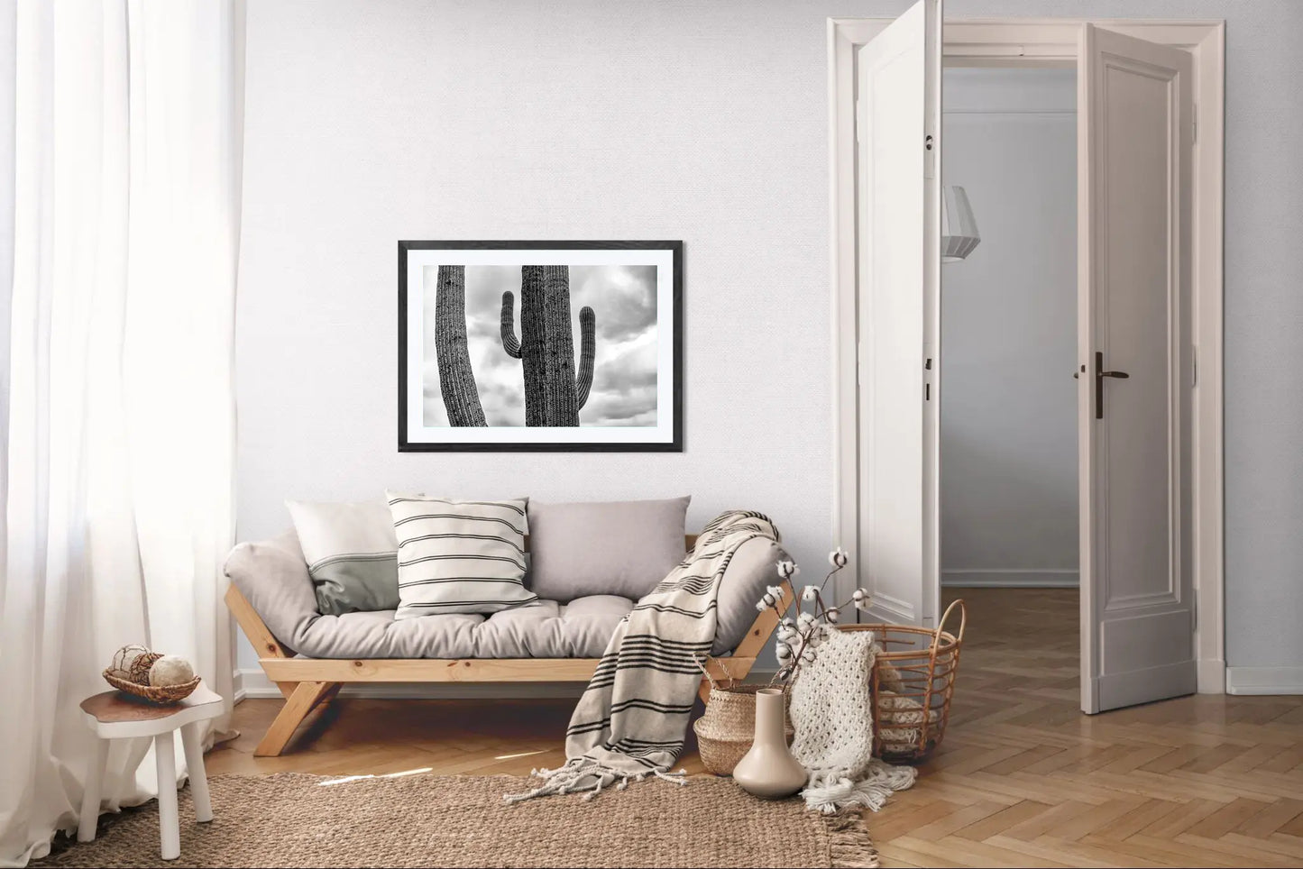 Weathered Lines - Black and White Saguaro Cactus Print | Textured Arms & Desert Sky