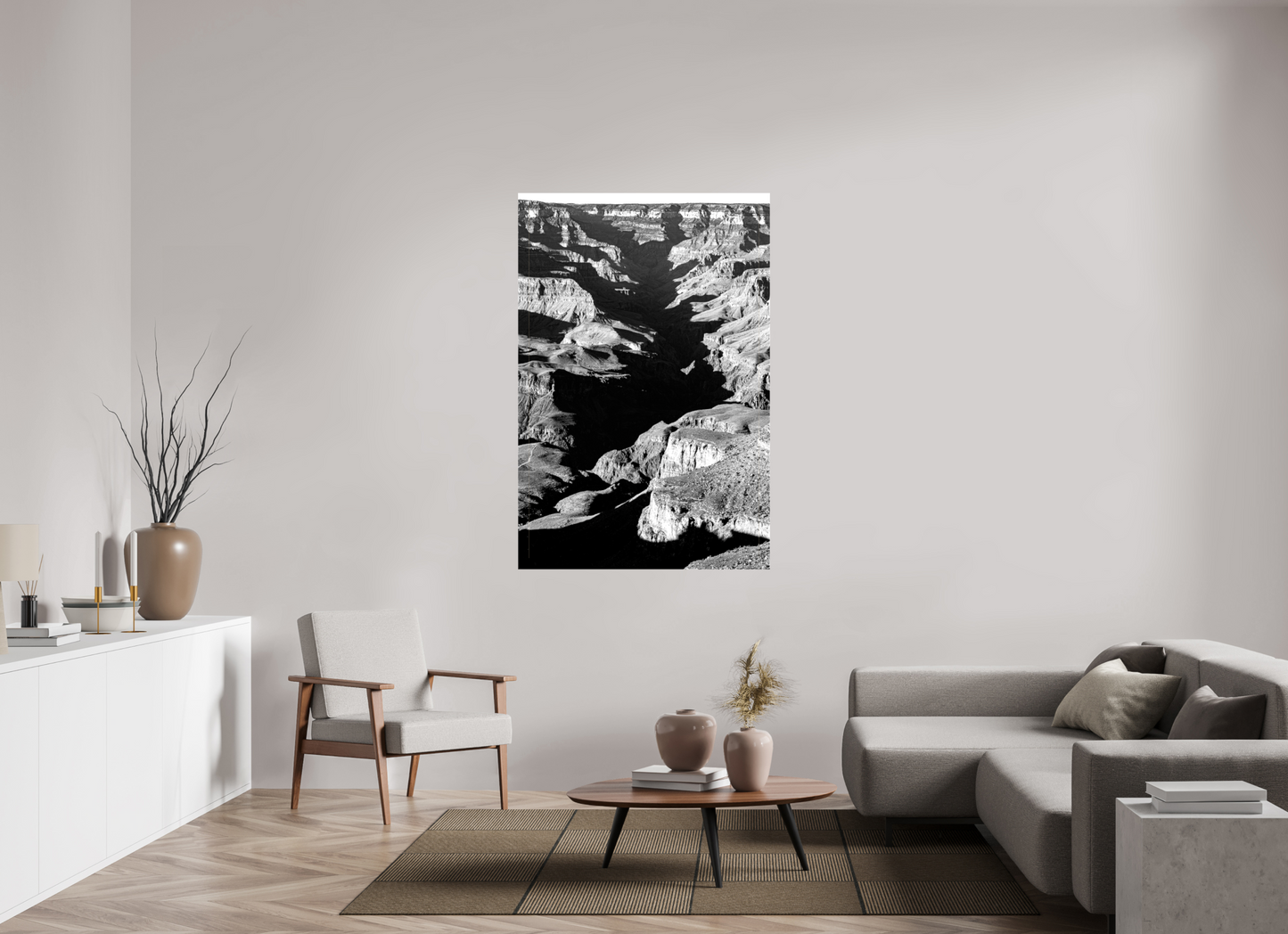 Vein of Shadow – Black and White Grand Canyon Vertical Print | High Contrast Canyon Light