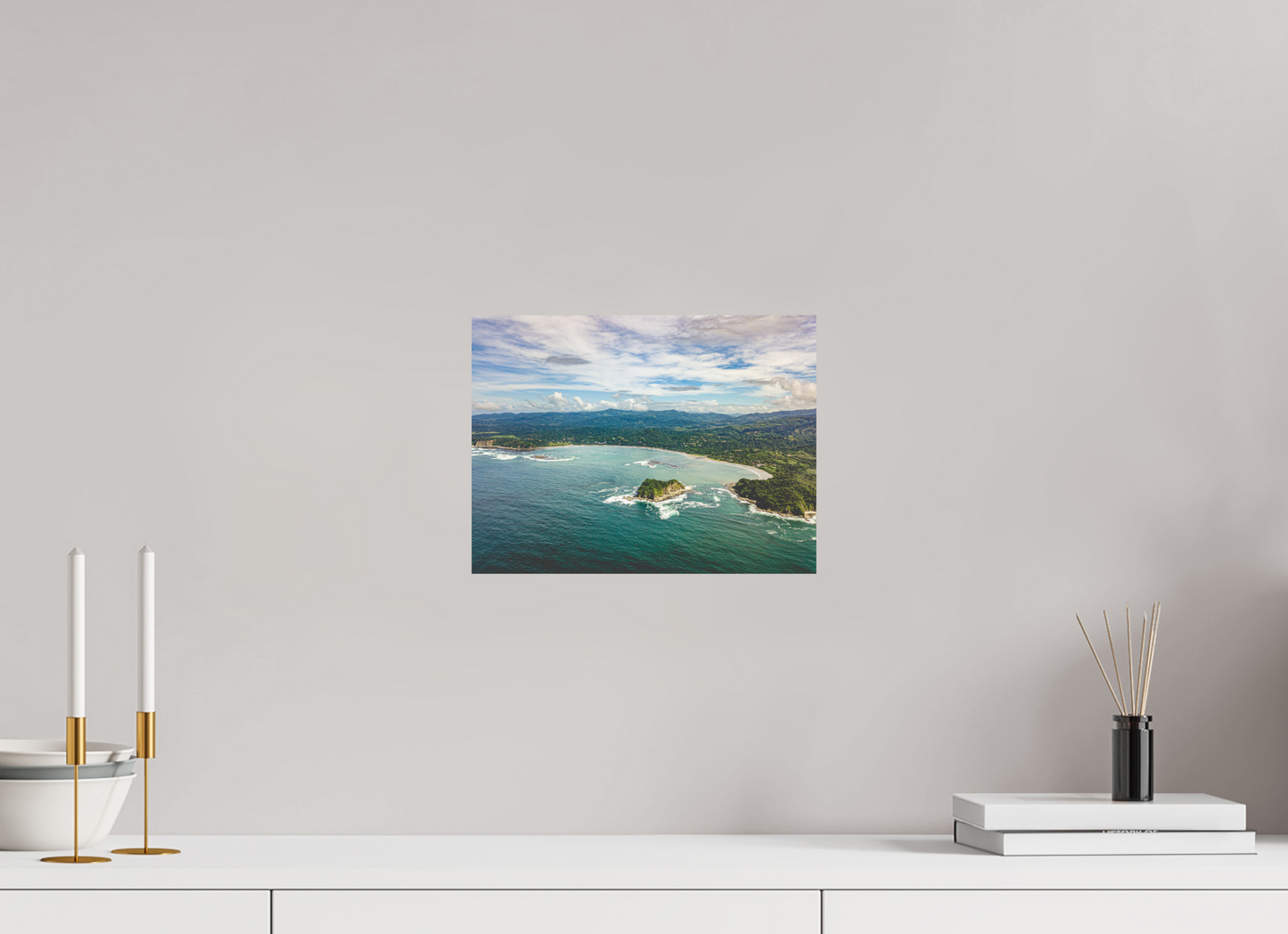 Tidal Whispers of Isla Chora - Aerial Samara Bay Wall Art Print | Blue Sea & Green Hills