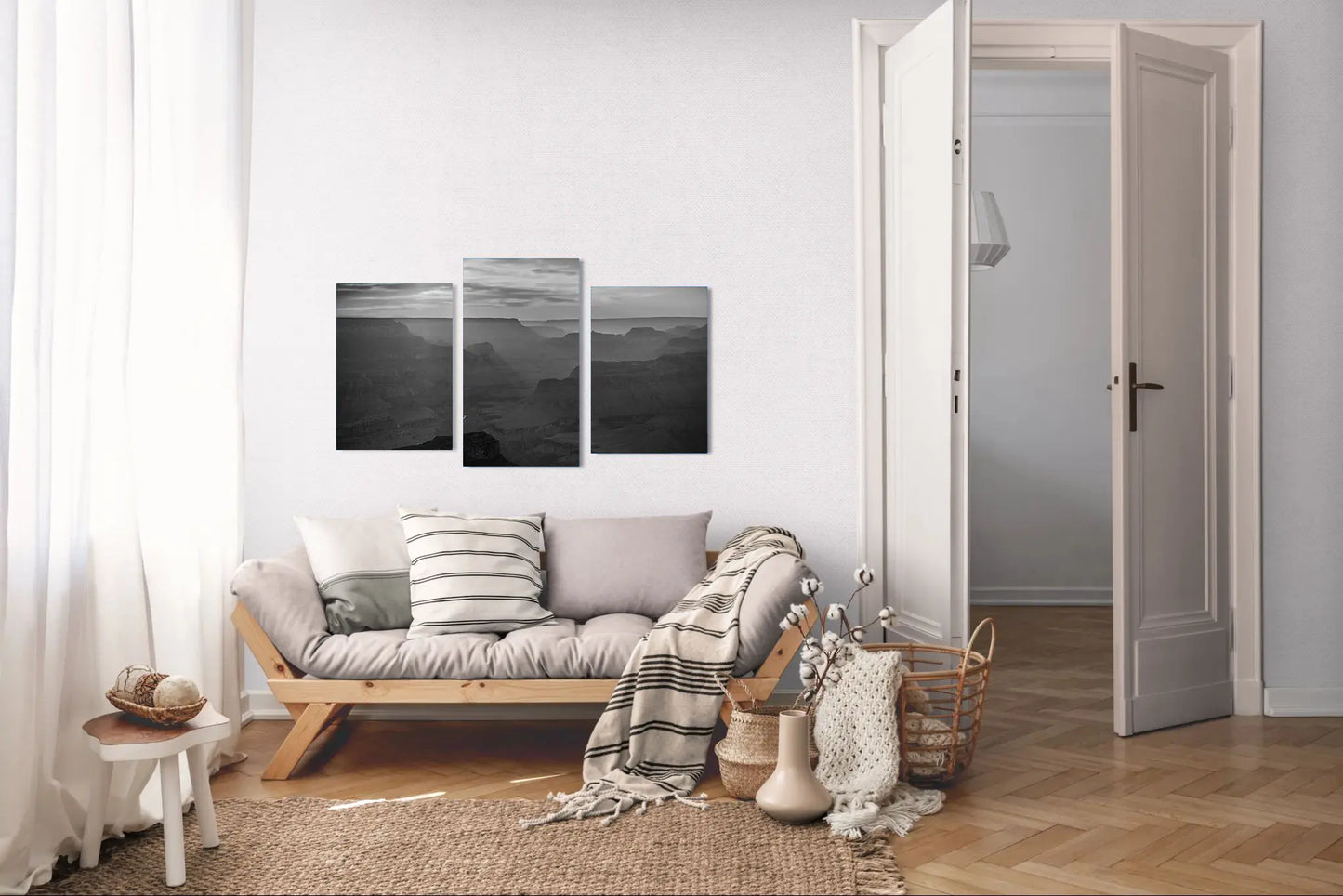 Lightfall - Black and White Grand Canyon Landscape Print | Sunbeams, Canyon Layers & Colorado River