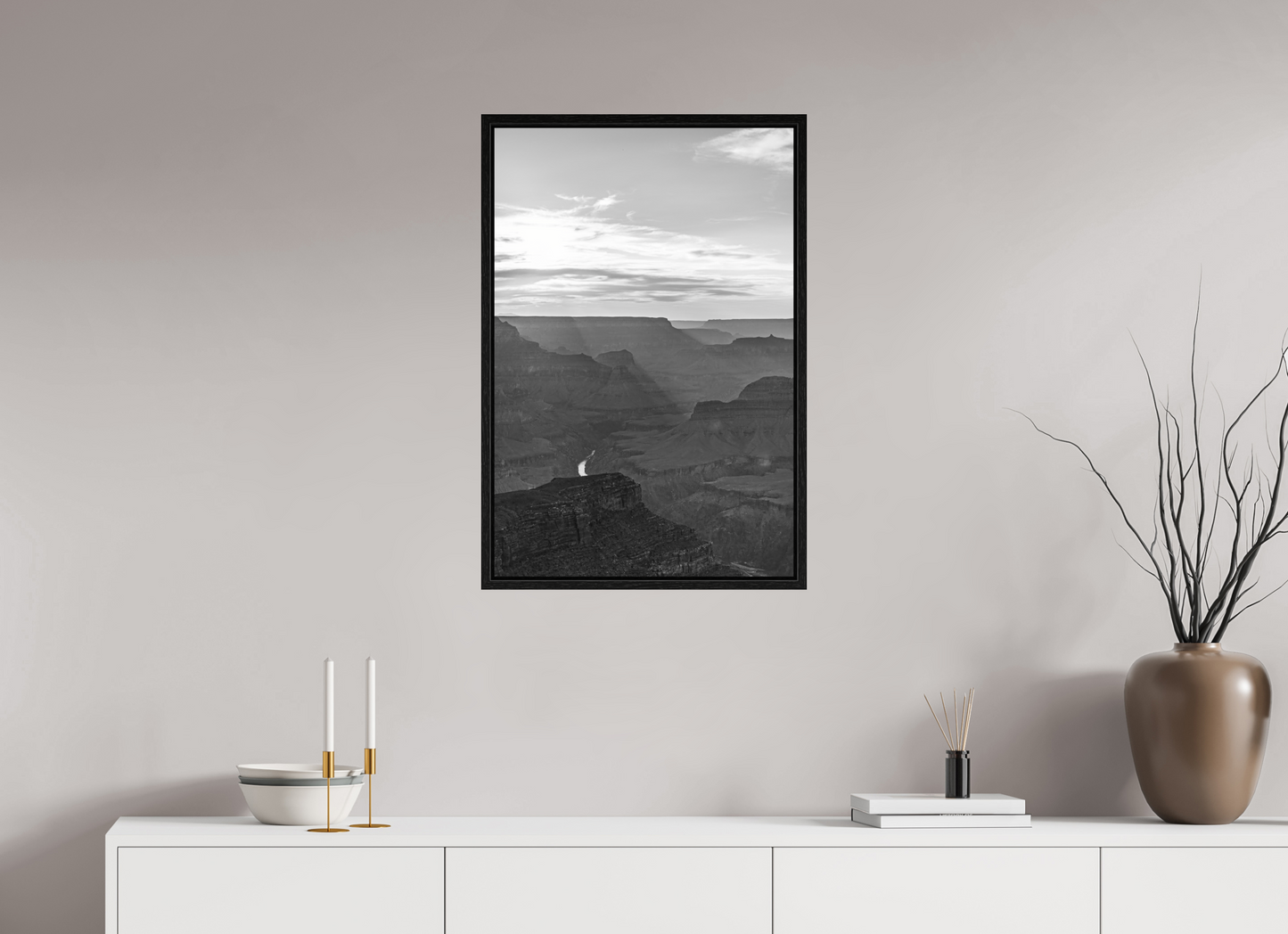 Riverlight - Black and White Grand Canyon Vertical Print | Sunbeams, Canyon Detail & Reflective River