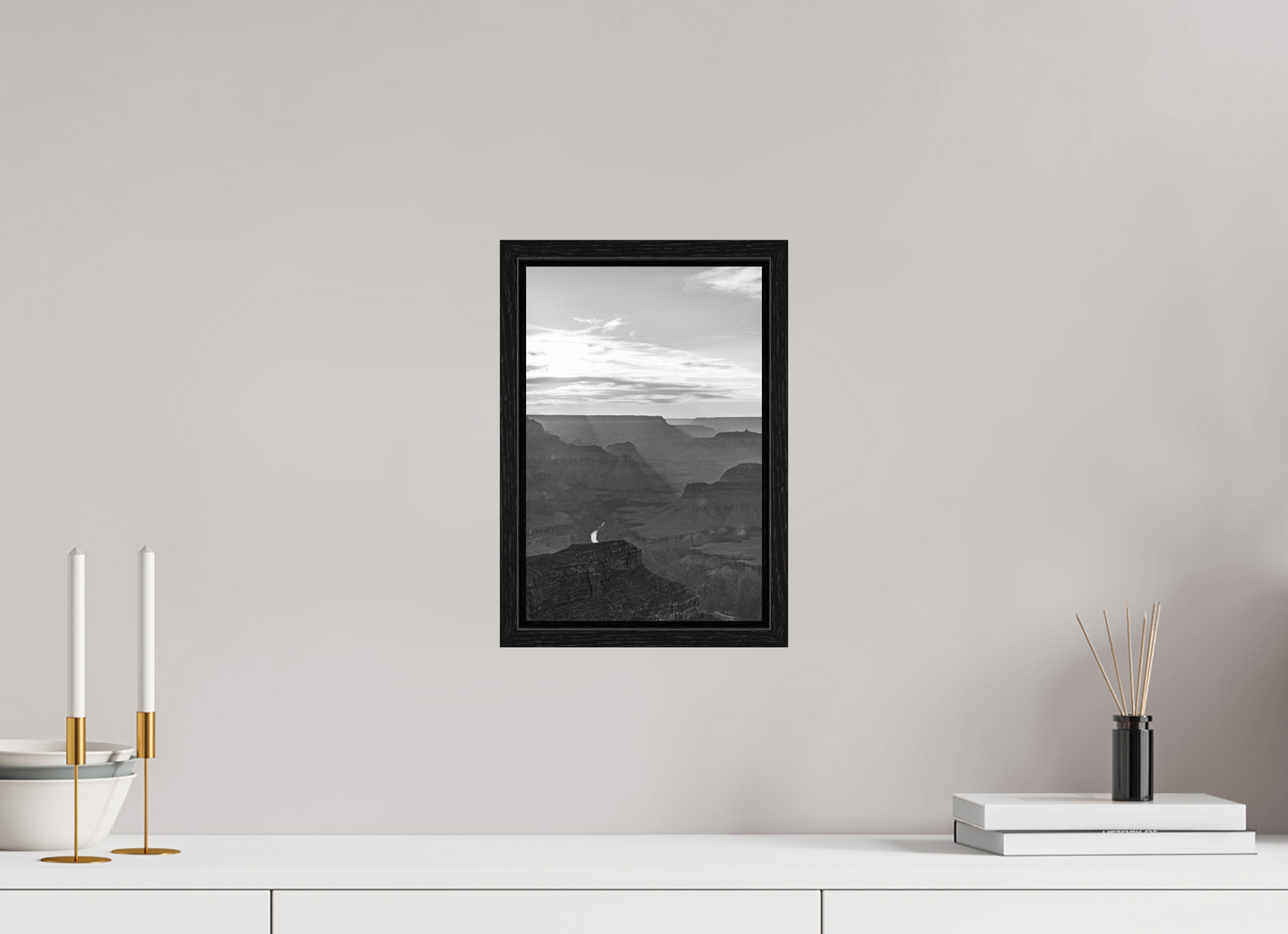Riverlight - Black and White Grand Canyon Vertical Print | Sunbeams, Canyon Detail & Reflective River