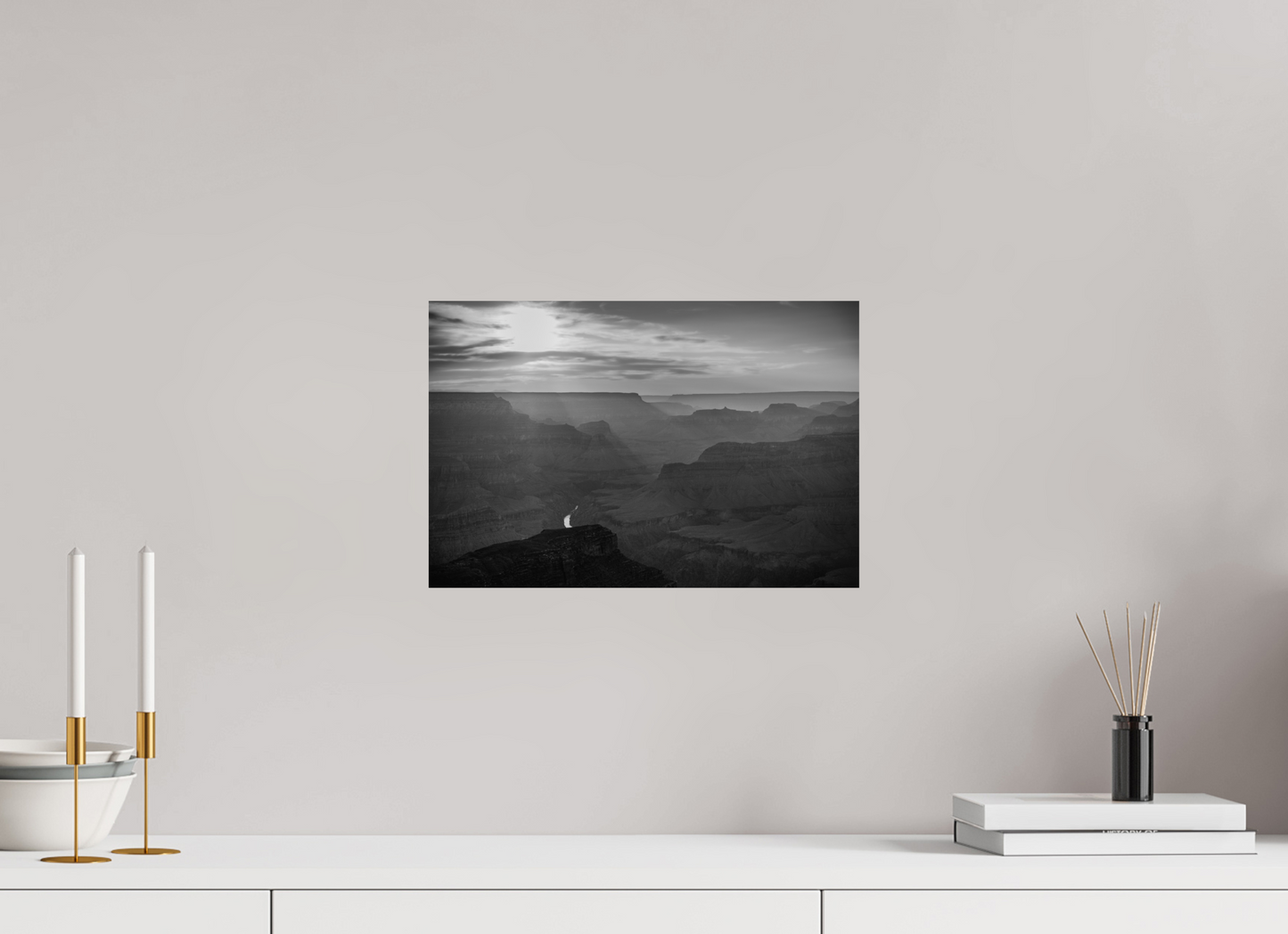 Lightfall - Black and White Grand Canyon Landscape Print | Sunbeams, Canyon Layers & Colorado River
