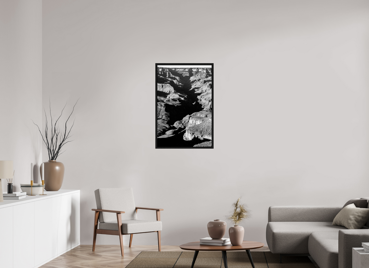 Vein of Shadow – Black and White Grand Canyon Vertical Print | High Contrast Canyon Light