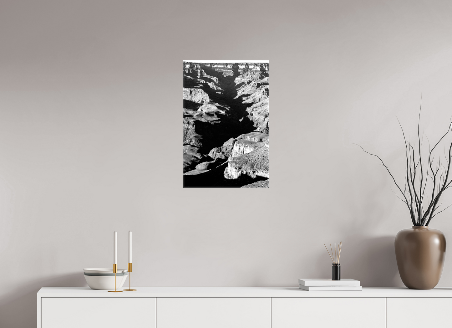 Vein of Shadow – Black and White Grand Canyon Vertical Print | High Contrast Canyon Light