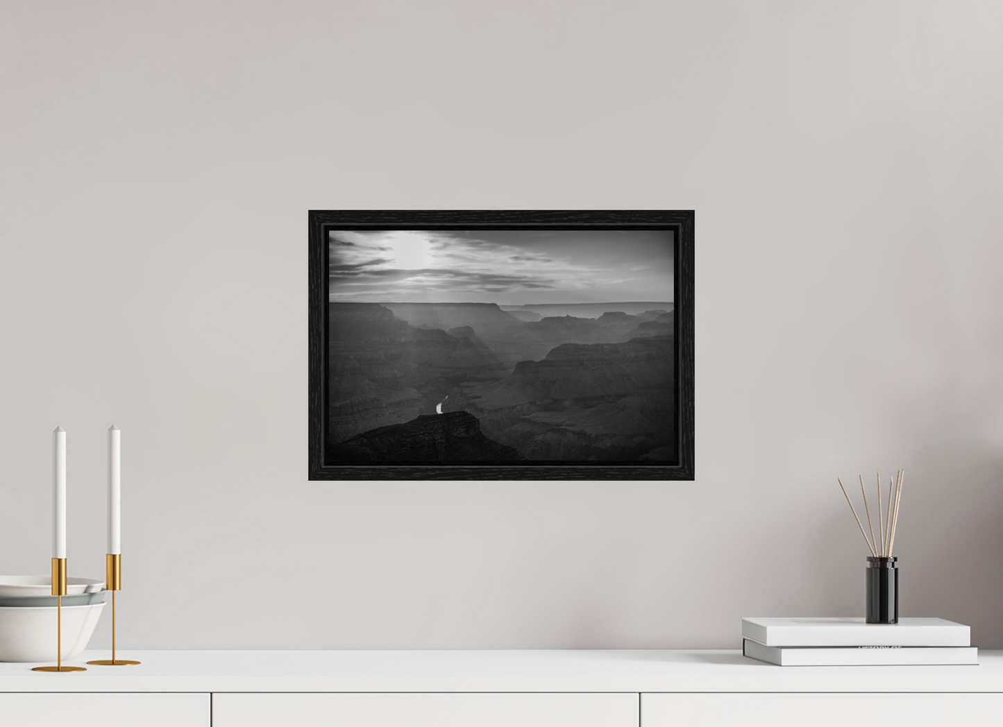 Lightfall - Black and White Grand Canyon Landscape Print | Sunbeams, Canyon Layers & Colorado River