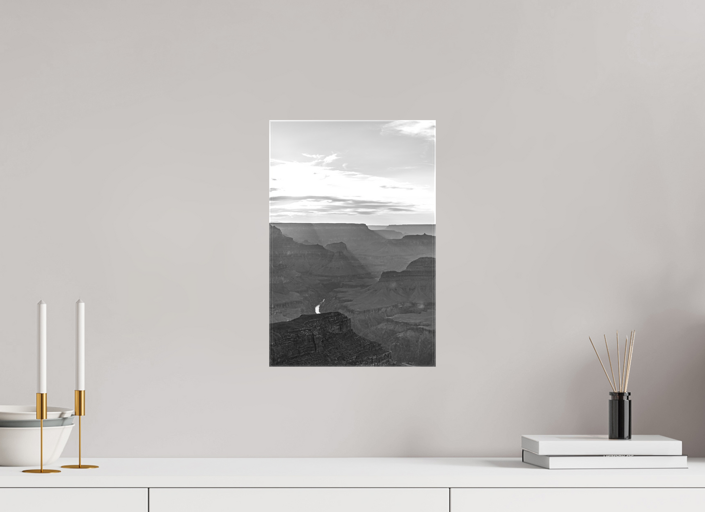 Riverlight - Black and White Grand Canyon Vertical Print | Sunbeams, Canyon Detail & Reflective River