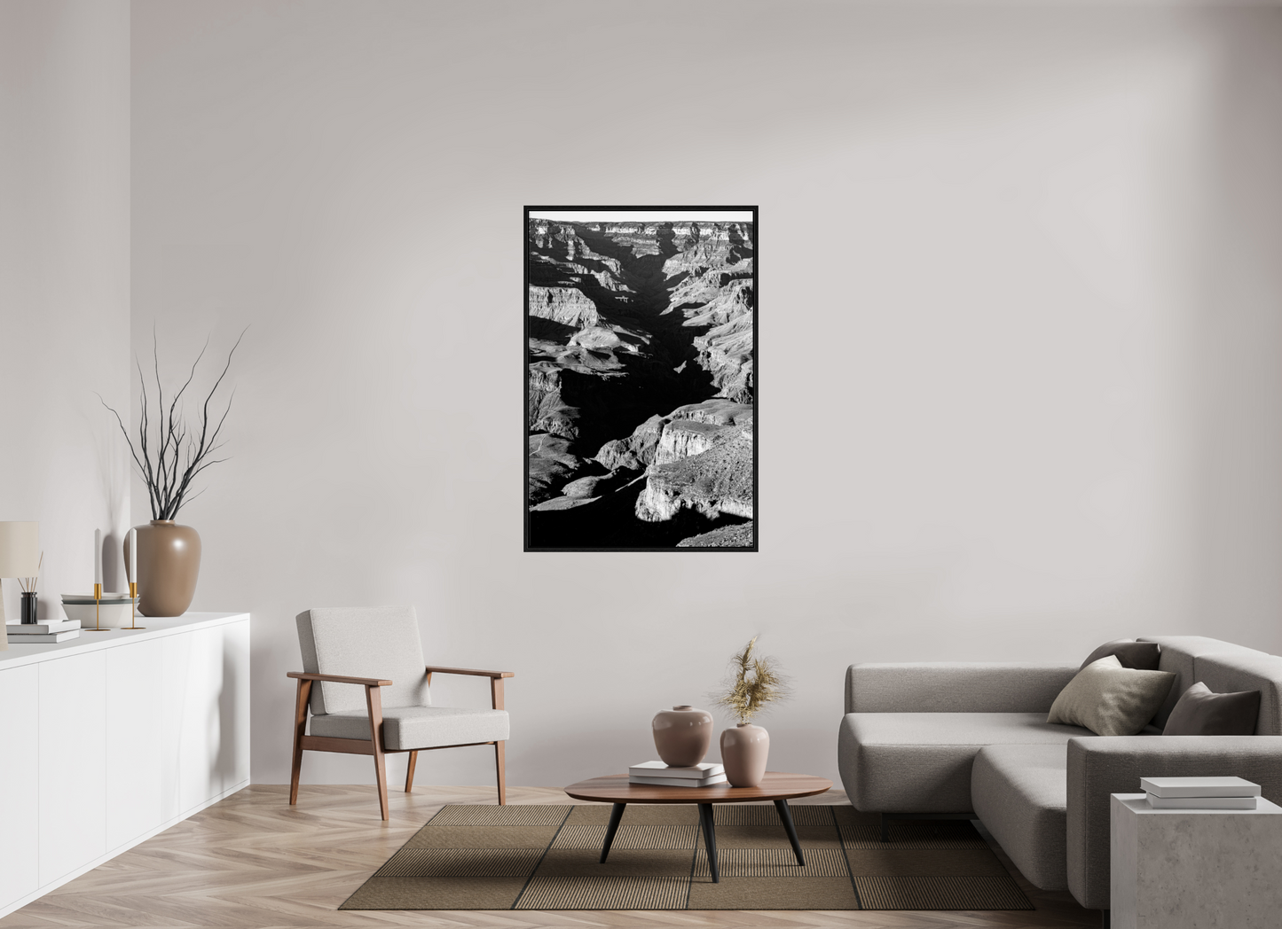 Vein of Shadow – Black and White Grand Canyon Vertical Print | High Contrast Canyon Light