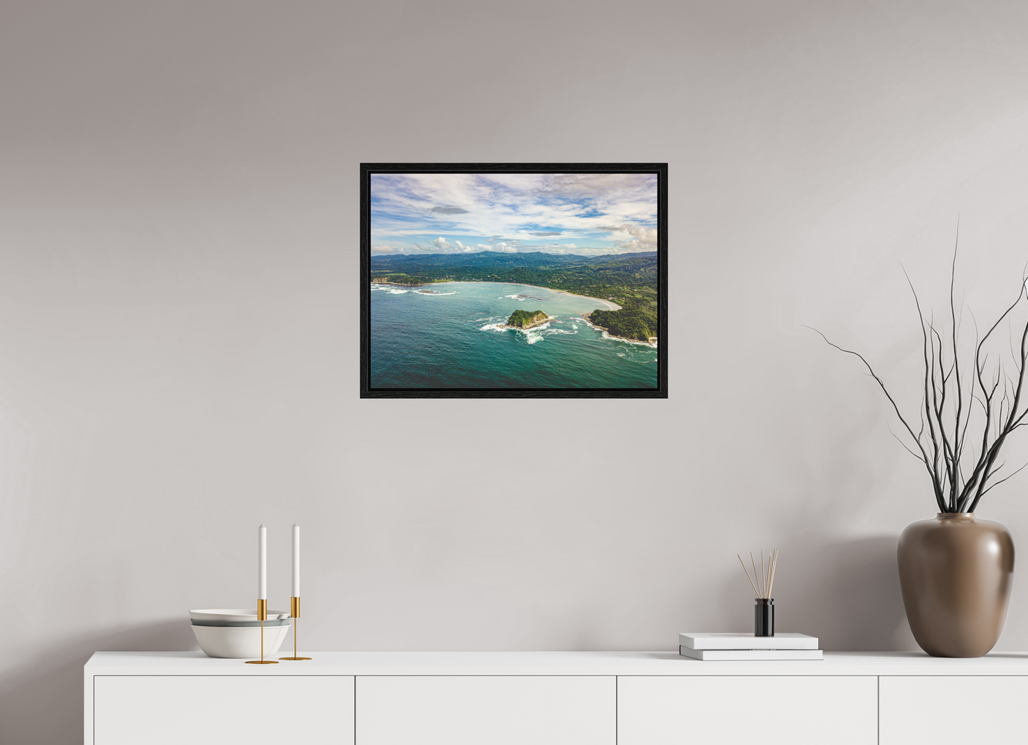 Tidal Whispers of Isla Chora - Aerial Samara Bay Wall Art Print | Blue Sea & Green Hills