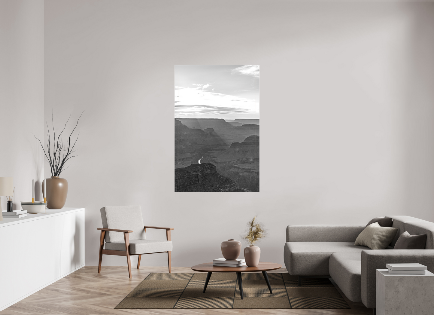 Riverlight - Black and White Grand Canyon Vertical Print | Sunbeams, Canyon Detail & Reflective River