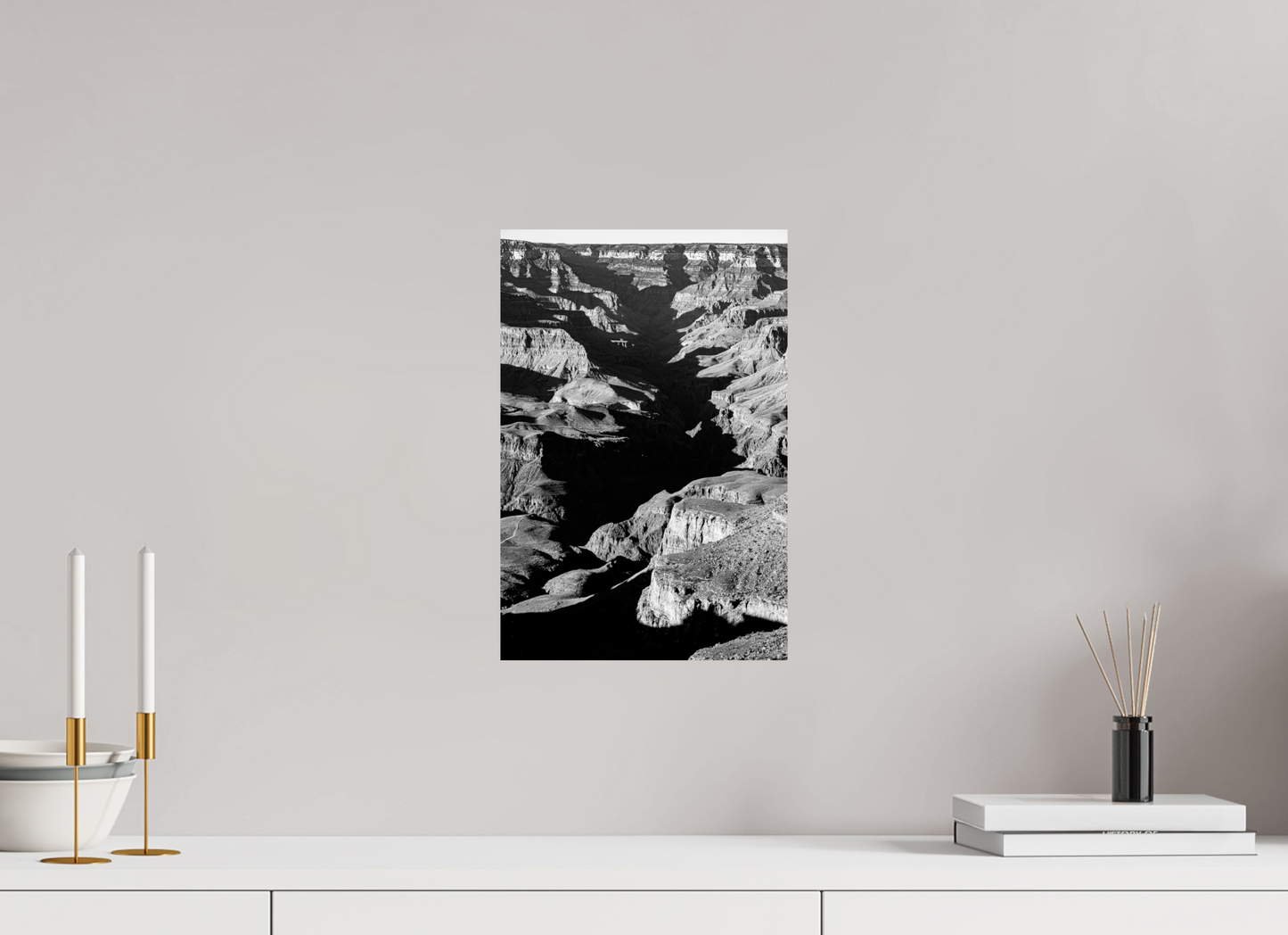 Vein of Shadow – Black and White Grand Canyon Vertical Print | High Contrast Canyon Light