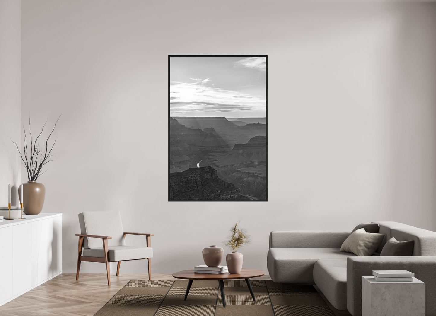 Riverlight - Black and White Grand Canyon Vertical Print | Sunbeams, Canyon Detail & Reflective River