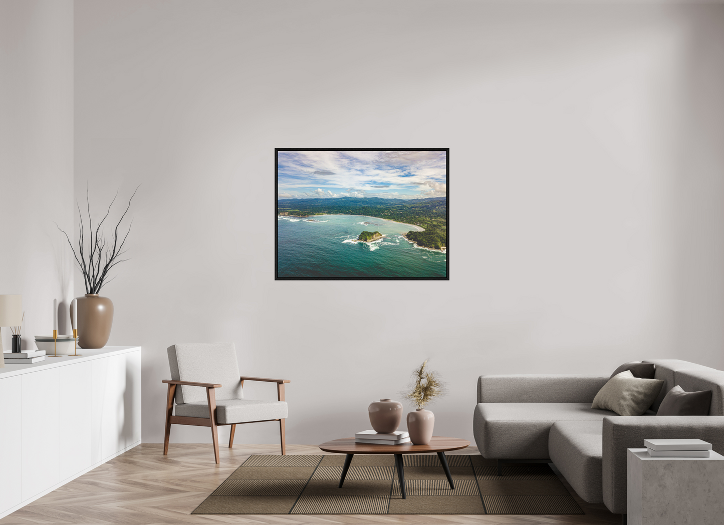 Tidal Whispers of Isla Chora - Aerial Samara Bay Wall Art Print | Blue Sea & Green Hills
