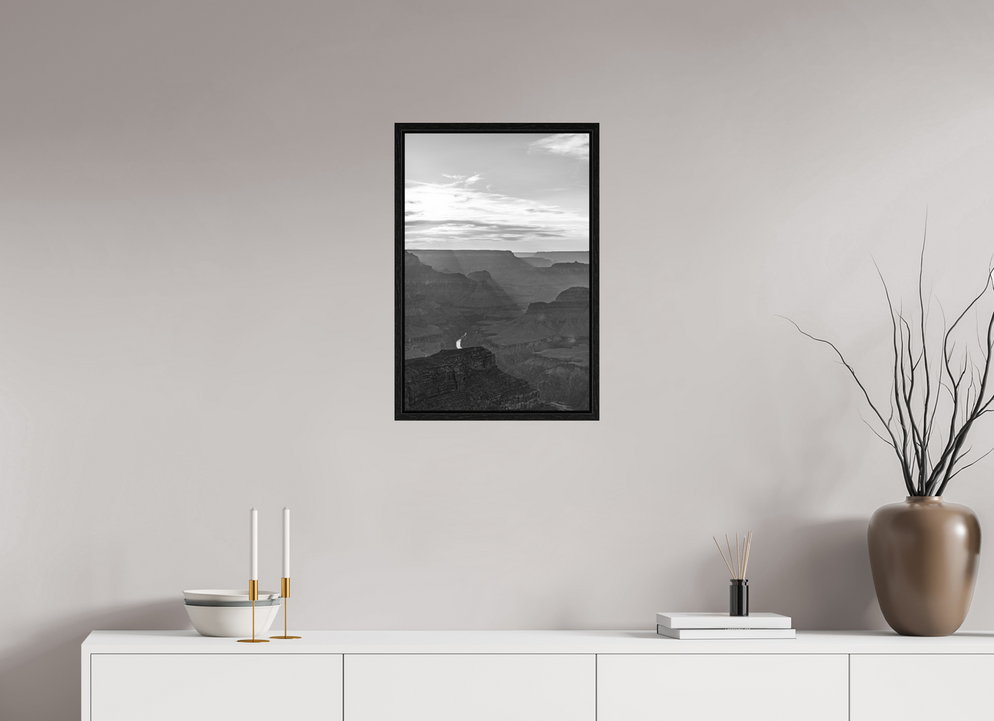 Riverlight - Black and White Grand Canyon Vertical Print | Sunbeams, Canyon Detail & Reflective River