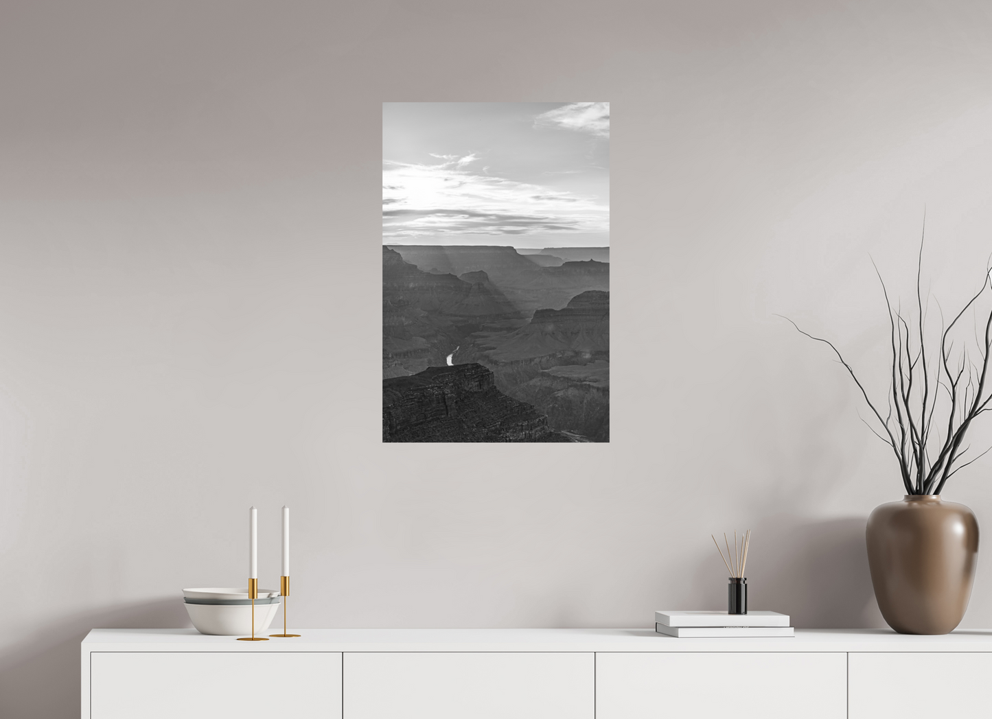 Riverlight - Black and White Grand Canyon Vertical Print | Sunbeams, Canyon Detail & Reflective River