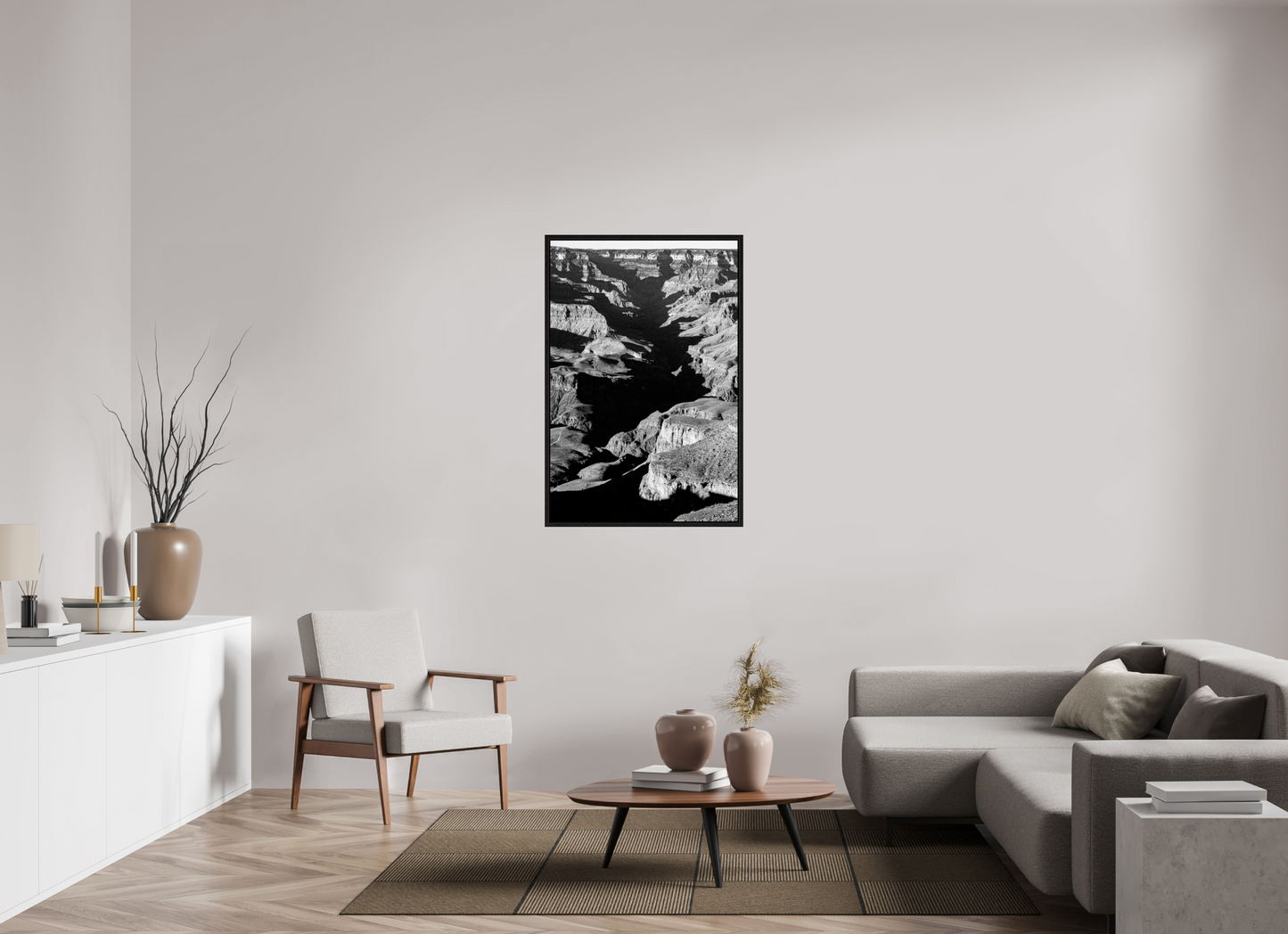 Vein of Shadow – Black and White Grand Canyon Vertical Print | High Contrast Canyon Light