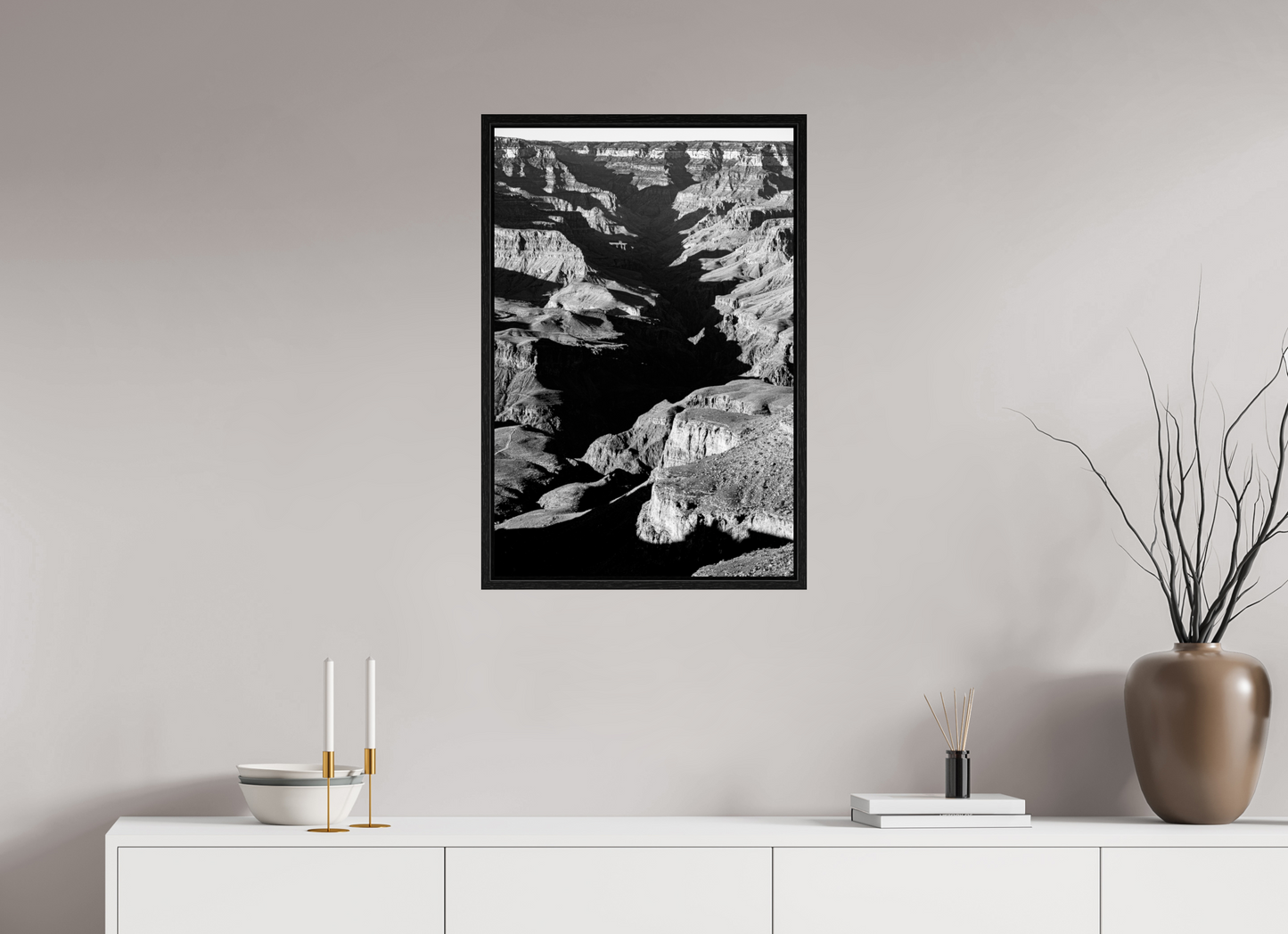 Vein of Shadow – Black and White Grand Canyon Vertical Print | High Contrast Canyon Light