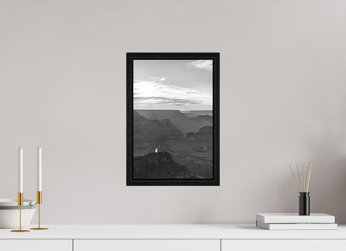 Riverlight - Black and White Grand Canyon Vertical Print | Sunbeams, Canyon Detail & Reflective River