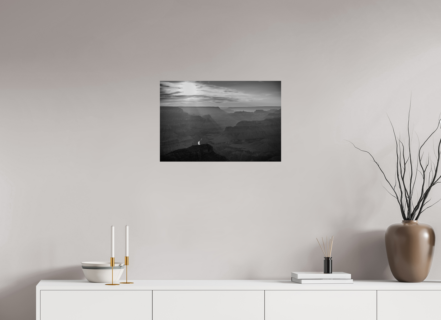 Lightfall - Black and White Grand Canyon Landscape Print | Sunbeams, Canyon Layers & Colorado River