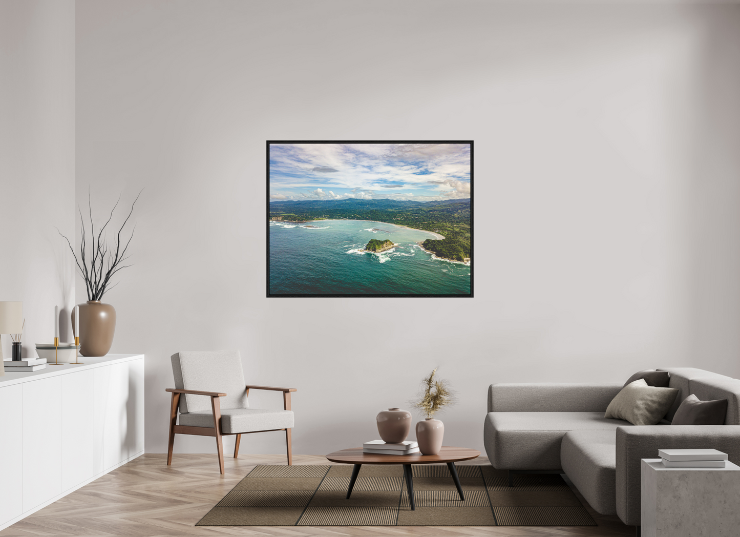 Tidal Whispers of Isla Chora - Aerial Samara Bay Wall Art Print | Blue Sea & Green Hills