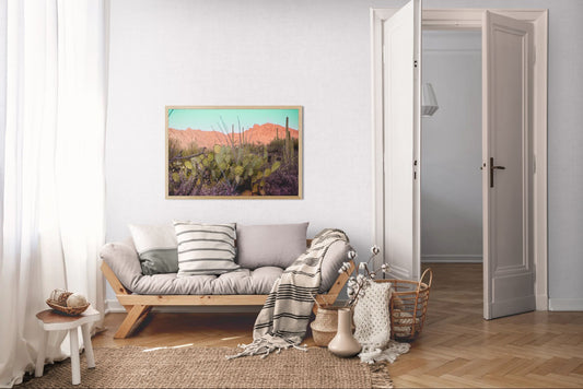Desert Reverie – Tucson Mountains Sunset Print | Prickly Pear, Saguaros & Glowing Ridge