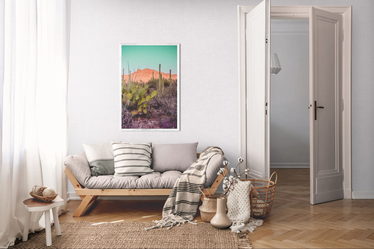 Desert Reverie – Tucson Mountains Sunset Print | Prickly Pear, Saguaros & Glowing Ridge