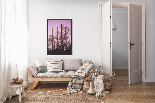 Four Guardians - Saguaro Cactus Sunset Print | Desert Tree Silhouette & Purple Sky