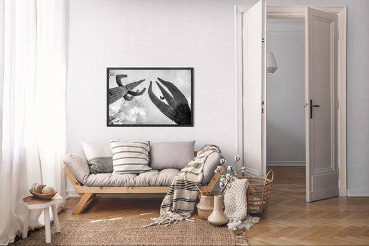 Giants Above – Black and White Saguaro Cactus Print | Arizona Desert Sky & Texture