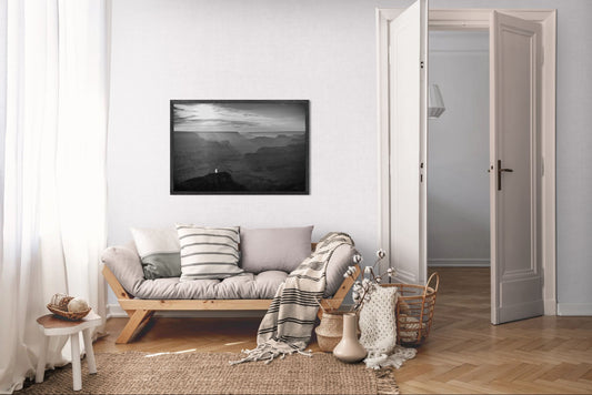 Lightfall - Black and White Grand Canyon Landscape Print | Sunbeams, Canyon Layers & Colorado River