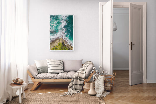 Ocean’s Edge Barrigona Aerial Coastal Wall Art Print | Blue Green Sea & Cliffs