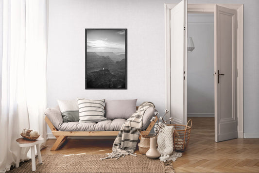 Riverlight - Black and White Grand Canyon Vertical Print | Sunbeams, Canyon Detail & Reflective River